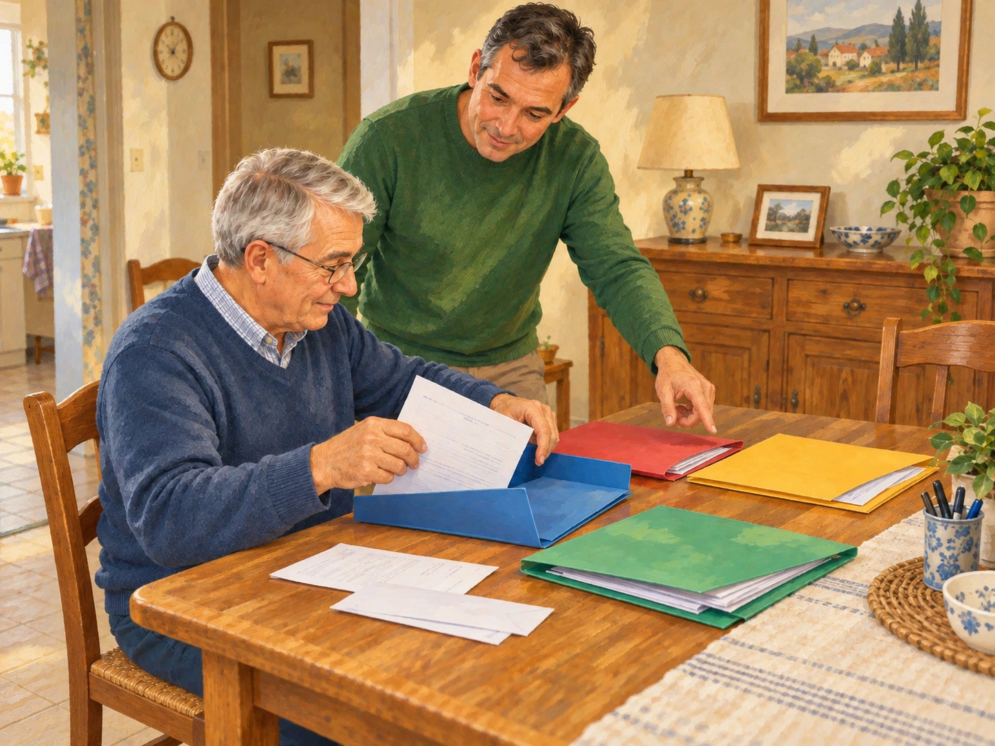 Someone sorts administrative folders with practical help at home.