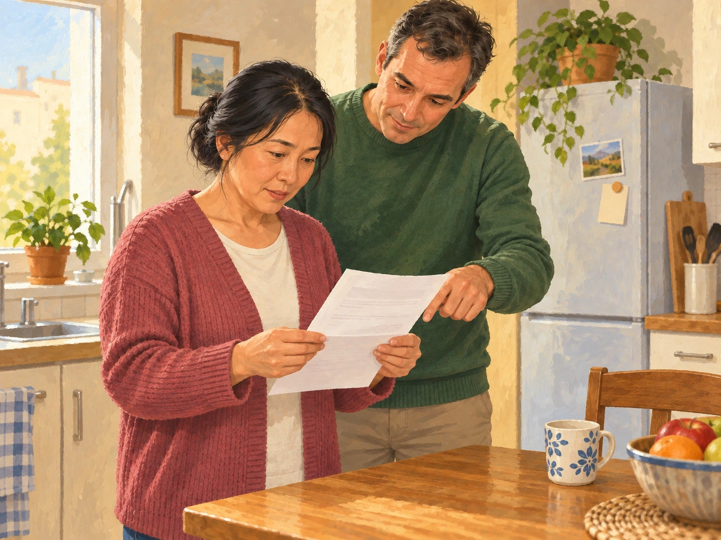 Someone reads a generic letter with help from a worker.