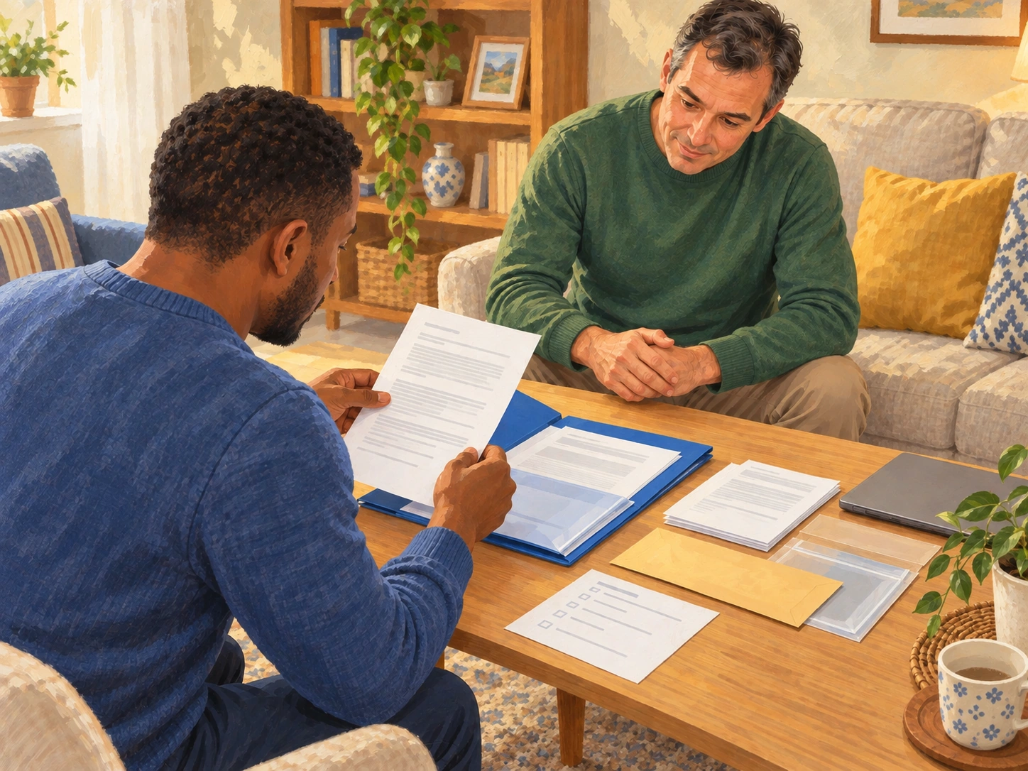 Documents are gathered to prepare an administrative application at home.