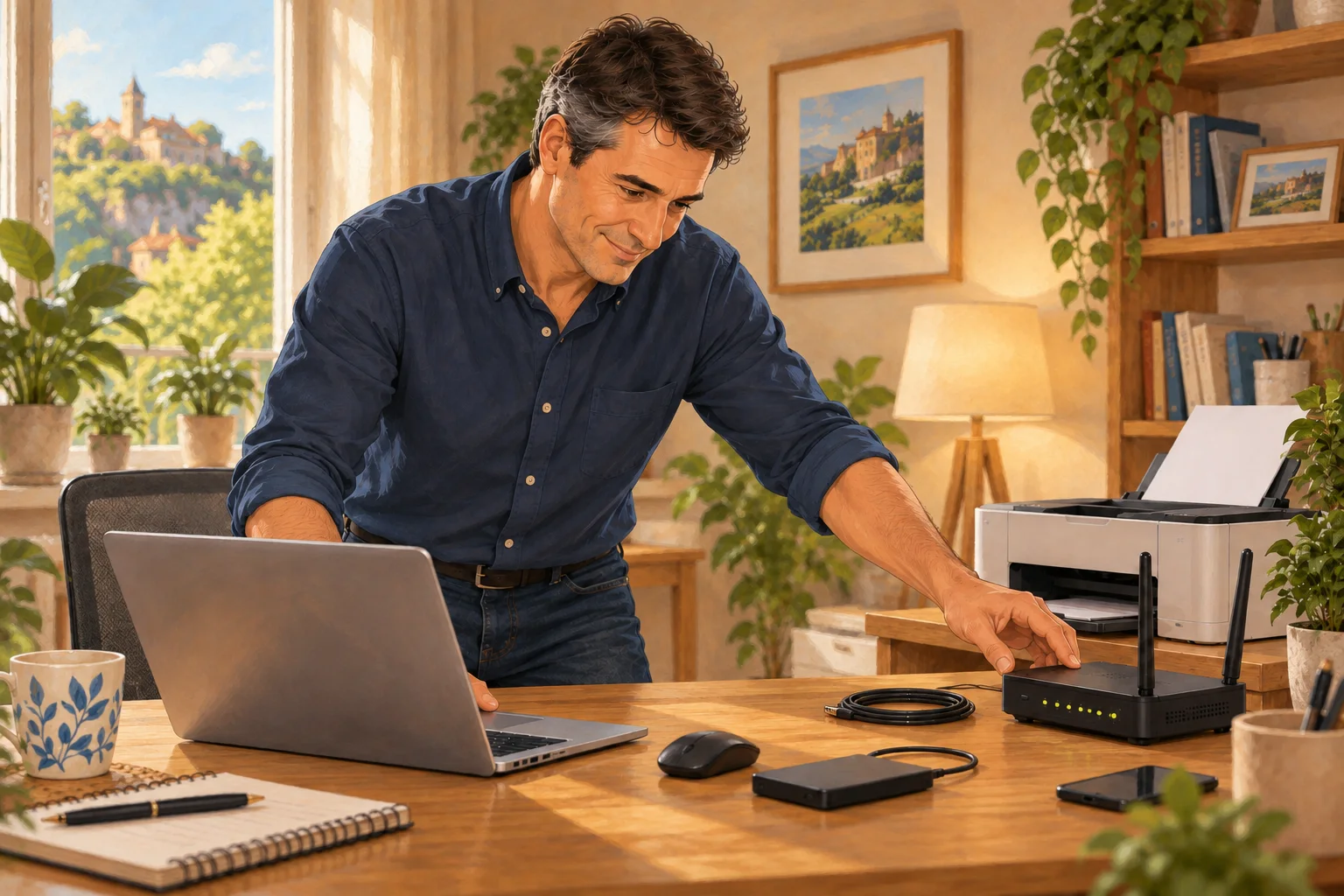 A Quercy Assistance worker uses a laptop alongside a printer, router and computer accessories.
