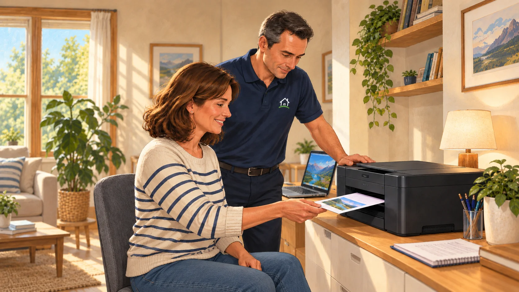 A client collects a printed page while her printer is being checked.