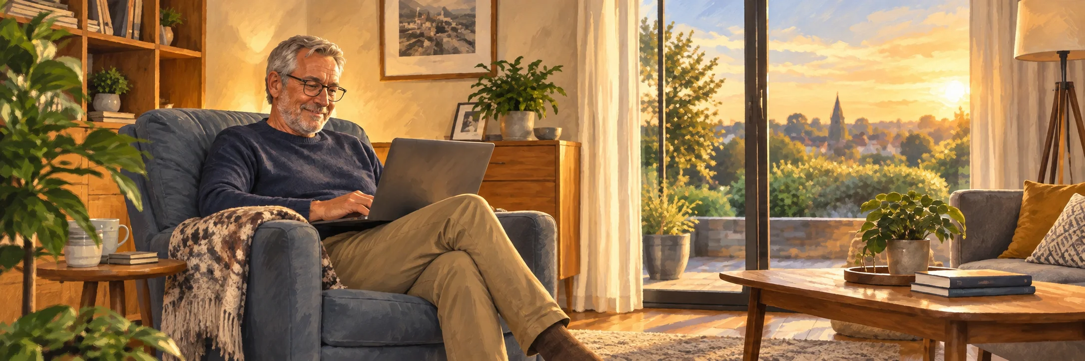 A man uses his laptop comfortably while sitting in an armchair at home.