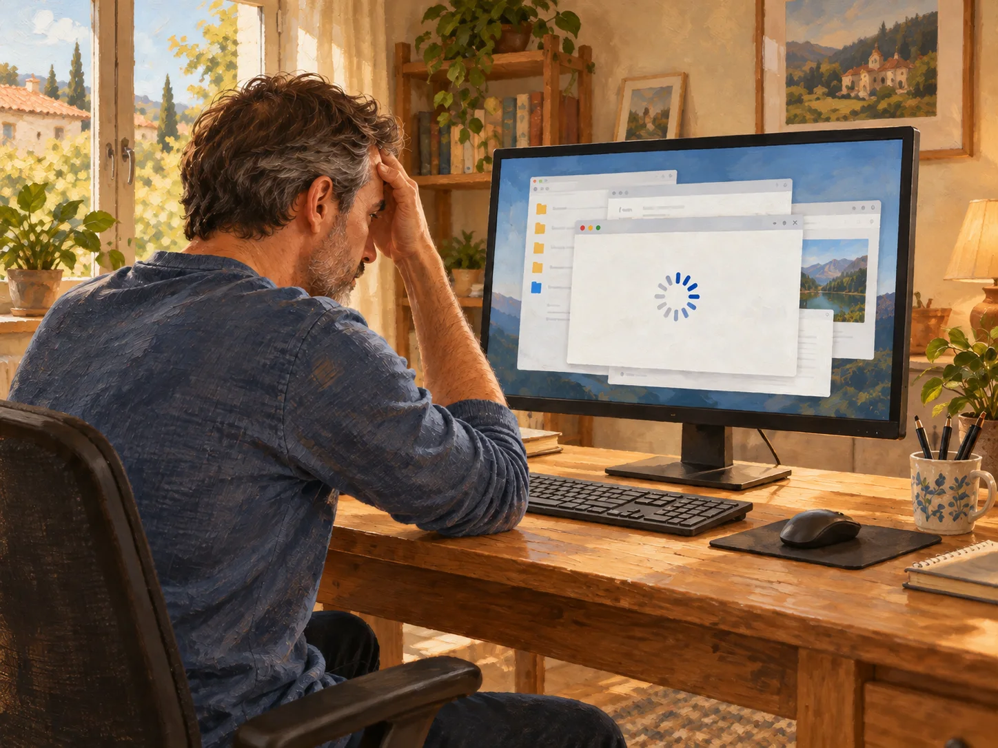 A man looks at an unresponsive laptop during an in-home visit.