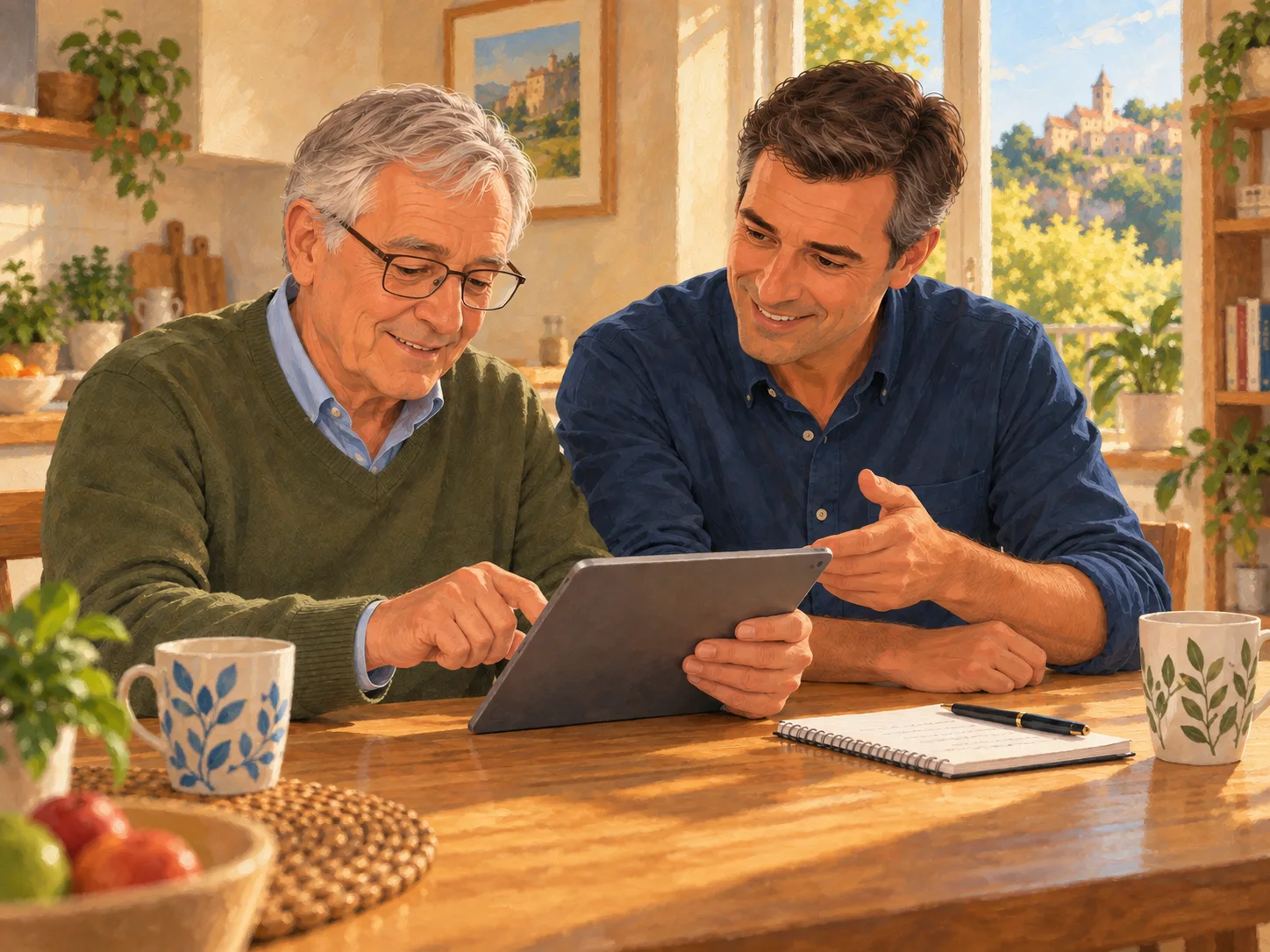A client uses a tablet while a worker explains how it works.