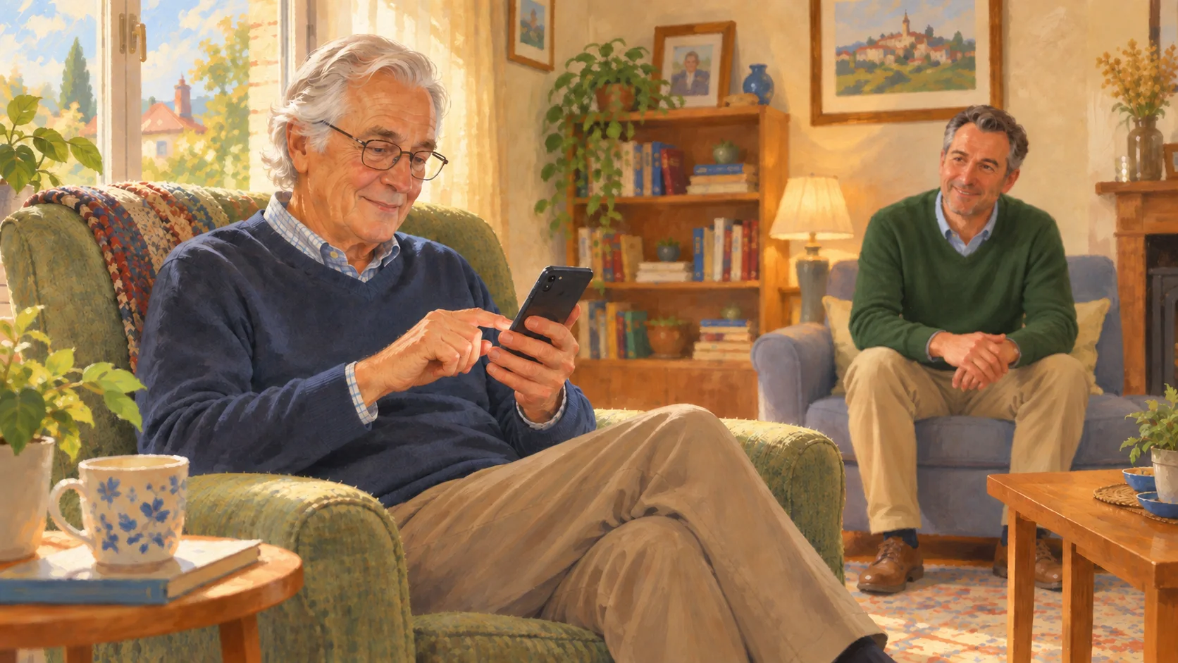 Someone learns the essential functions of a smartphone with in-home guidance.