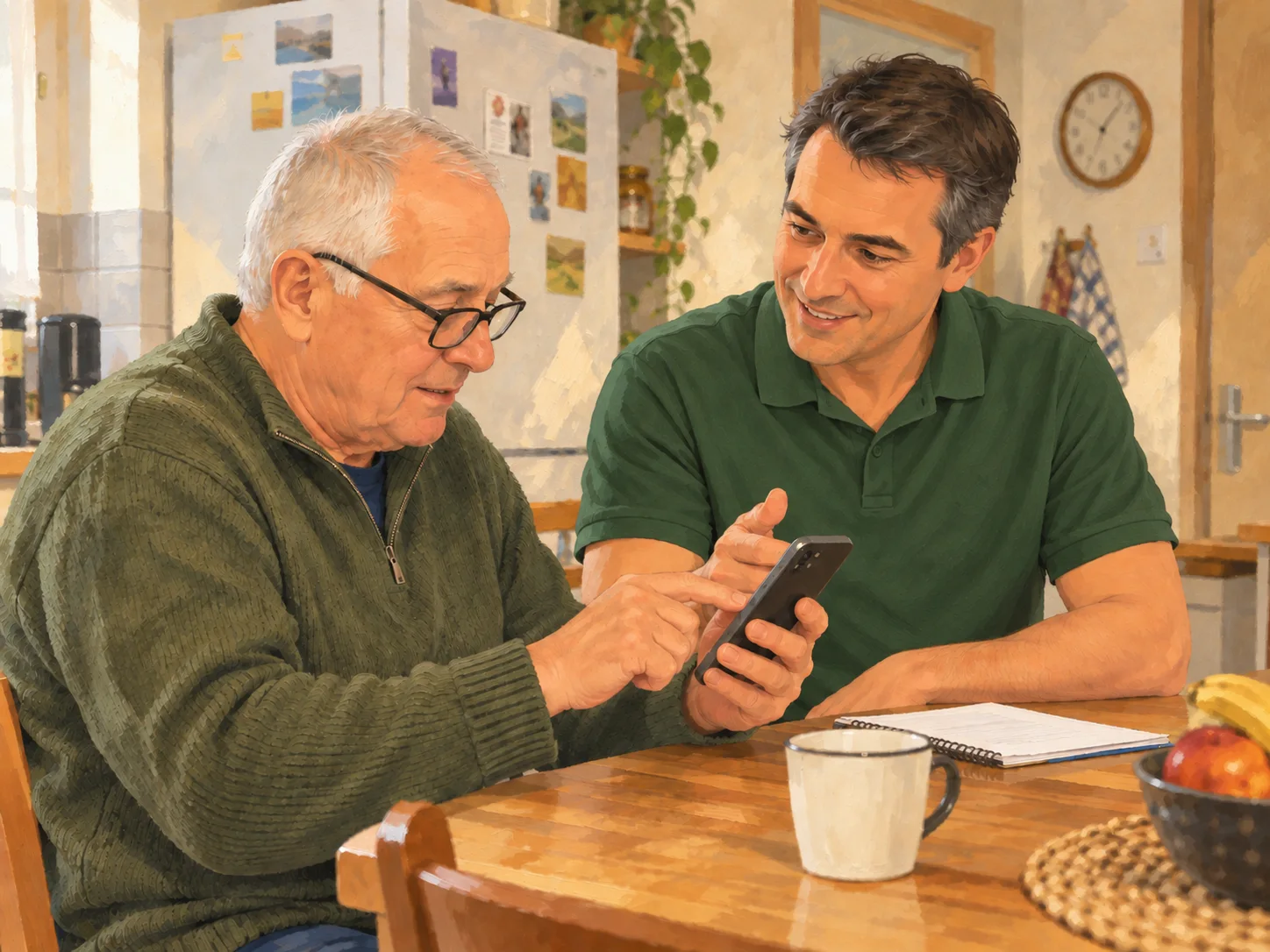 Someone learns how to use a digital device at home with step-by-step guidance.