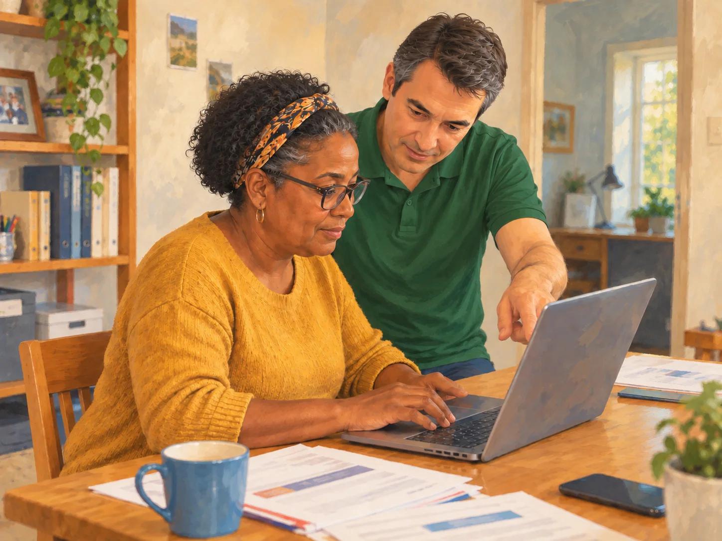 Someone receives help completing an online form on a computer or tablet.