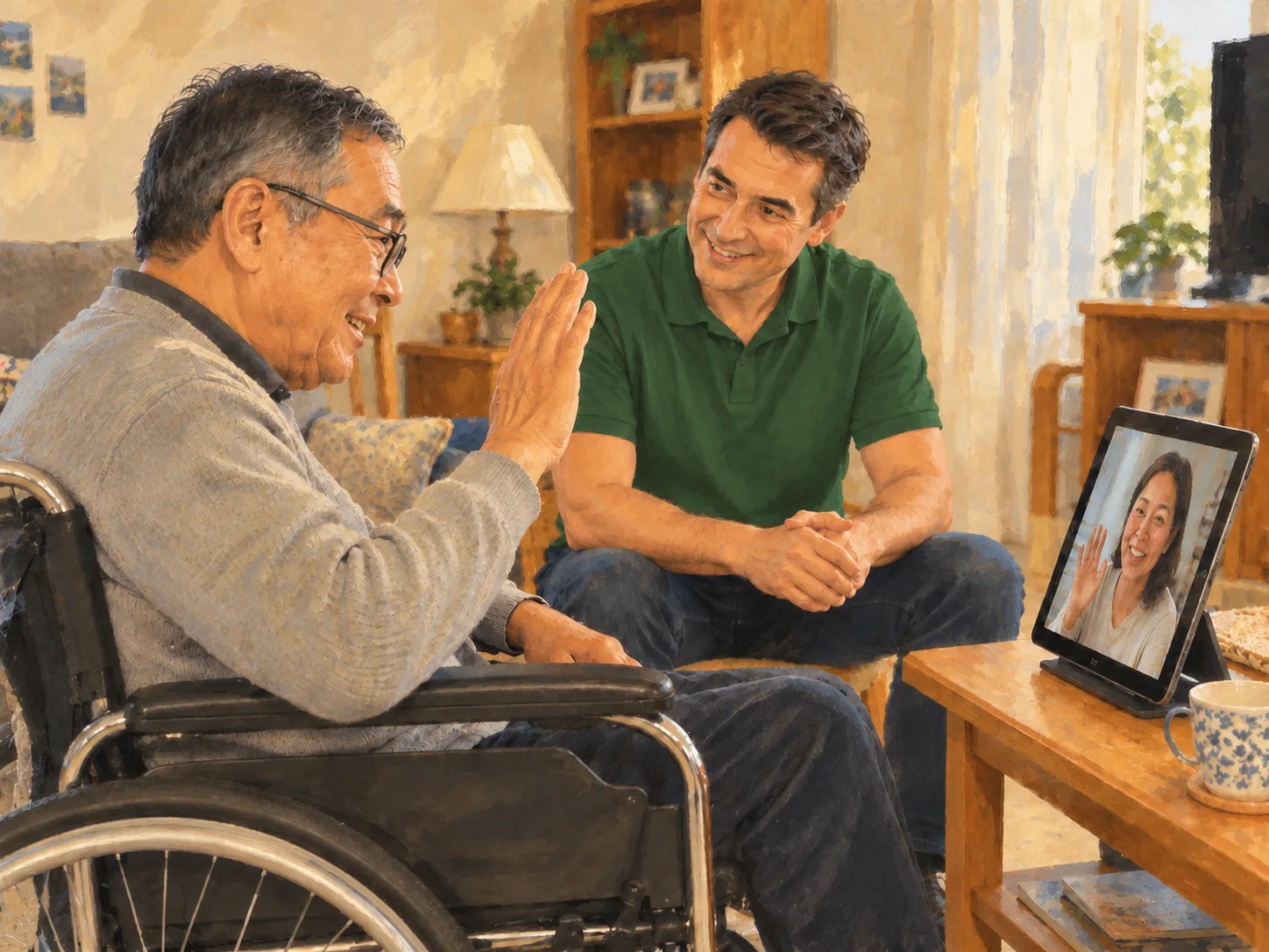 Someone uses a digital device to keep in touch with family or friends.
