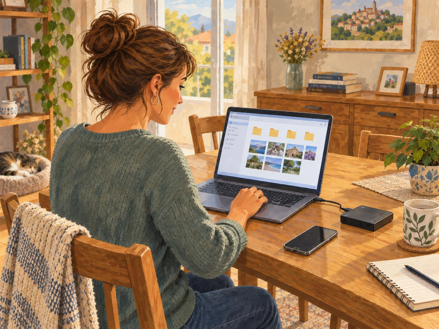 A person organises files and uses an external drive for a backup.