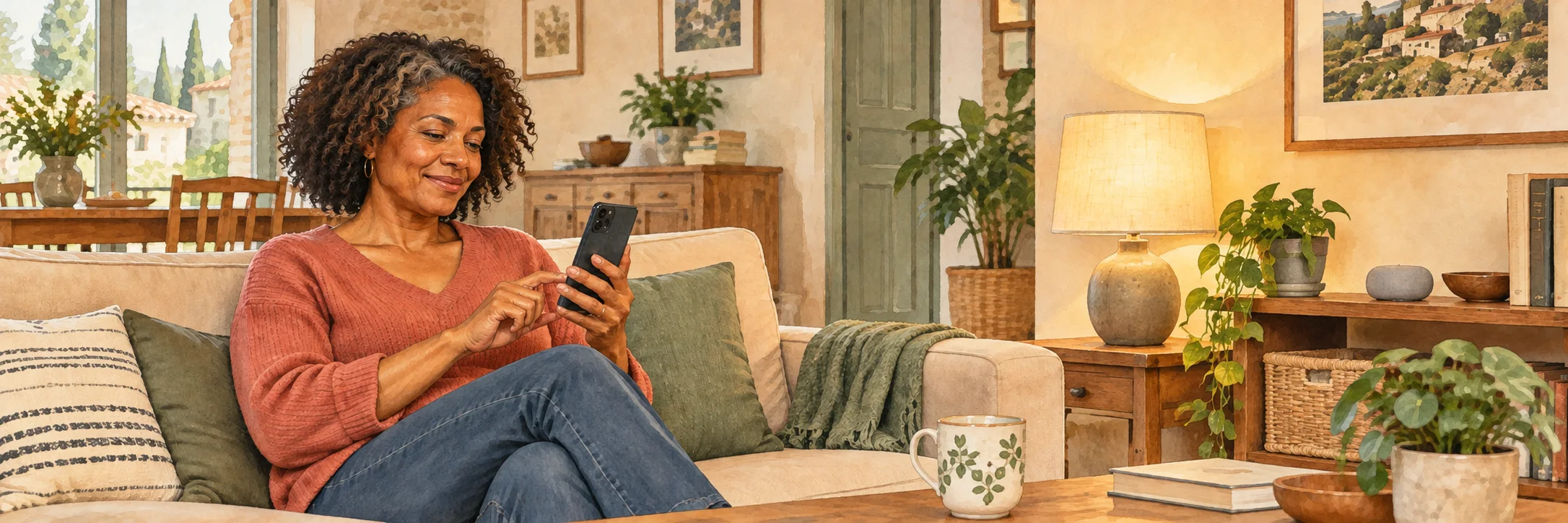 Someone independently uses a simple connected device in a living room.