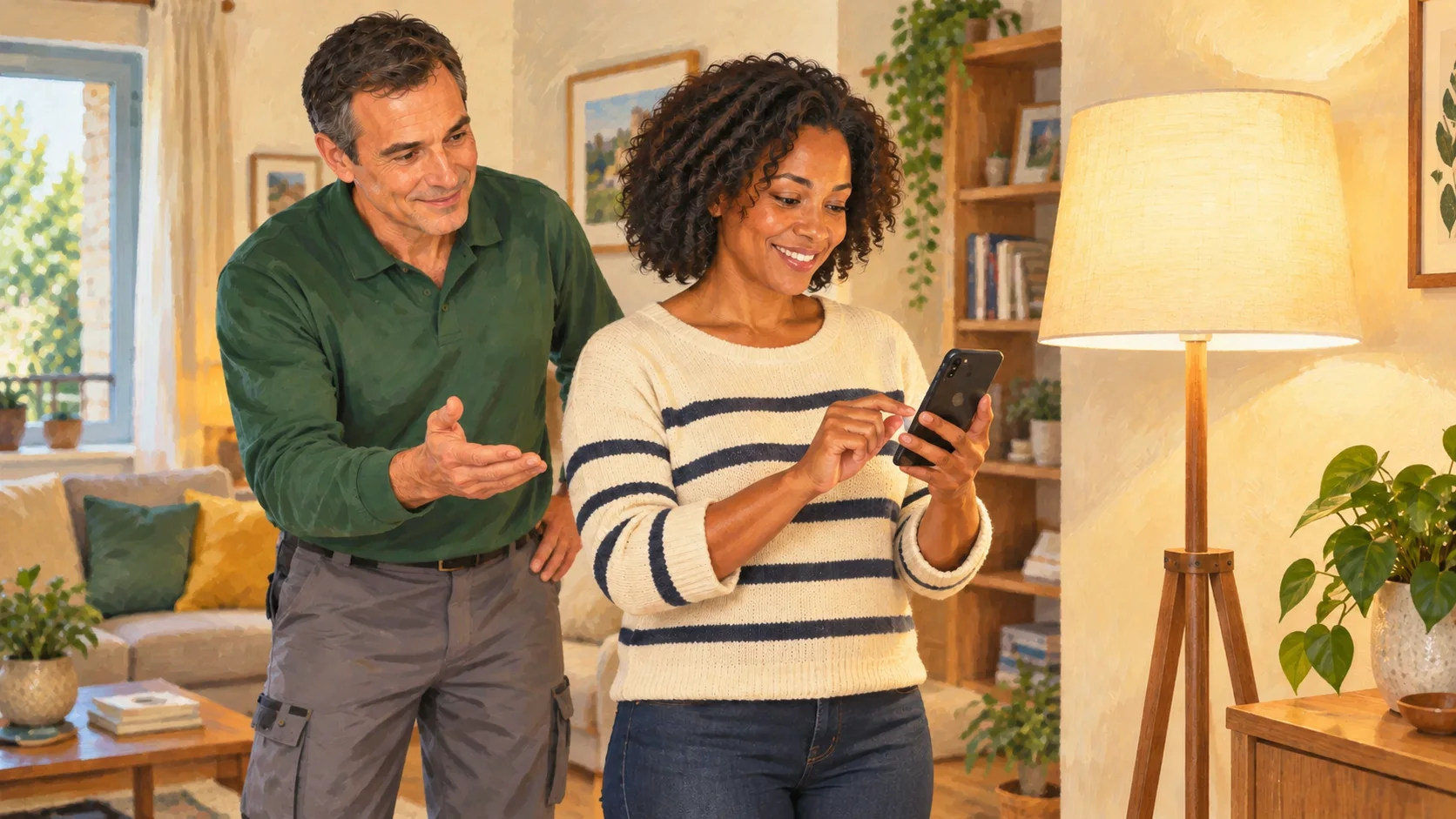 Someone pairs a small connected device with a smartphone with in-home guidance.