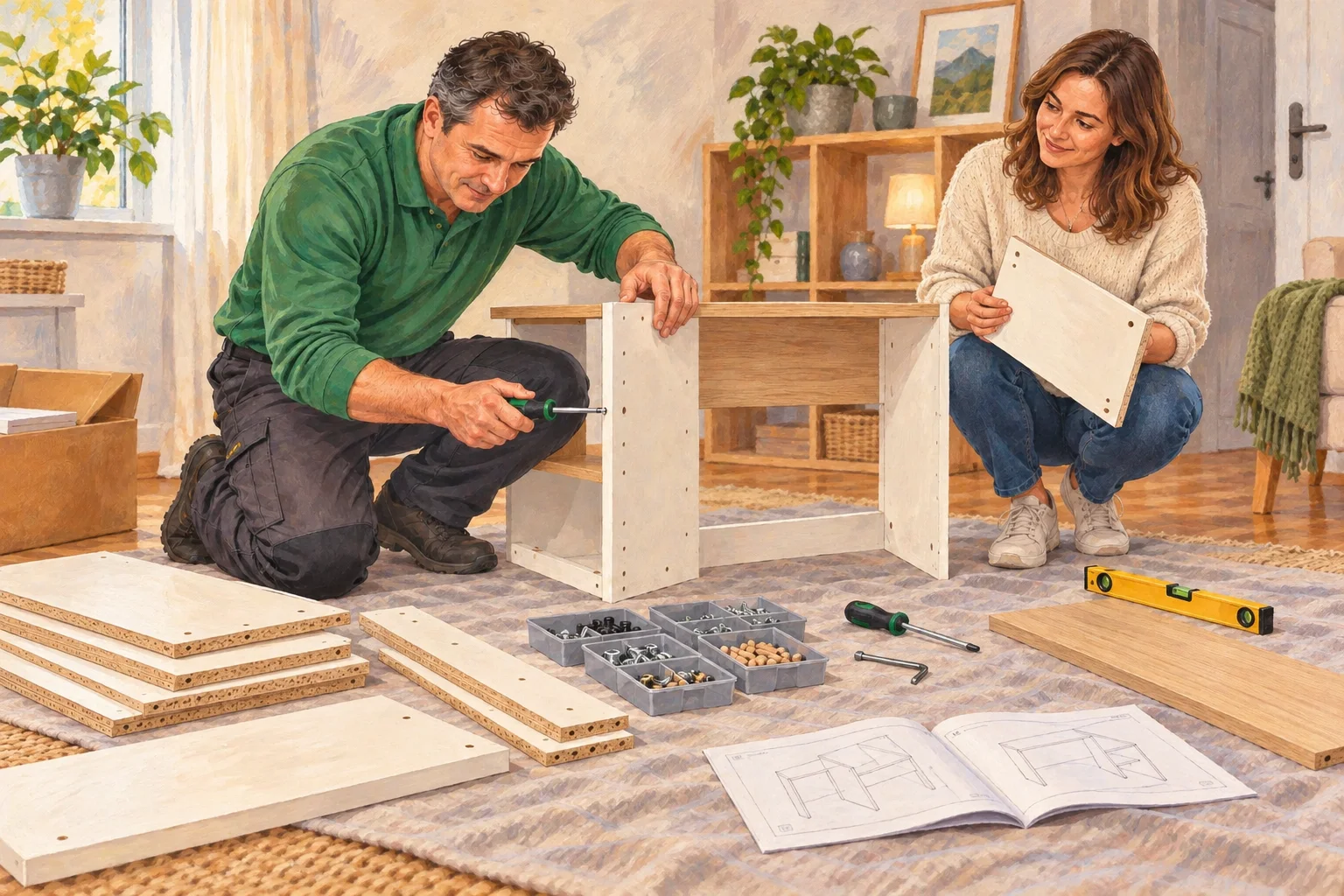 Simple tools, furniture parts and fittings organised for assembly at home.