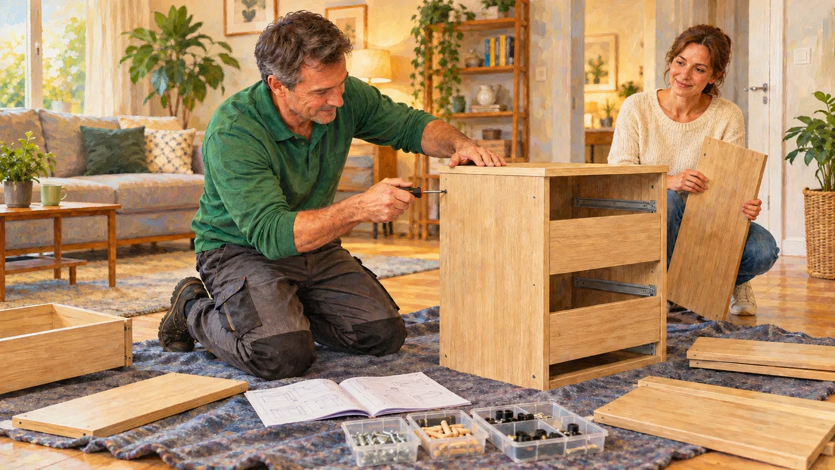 A Quercy Assistance worker assembles flat-pack furniture in a client’s home.