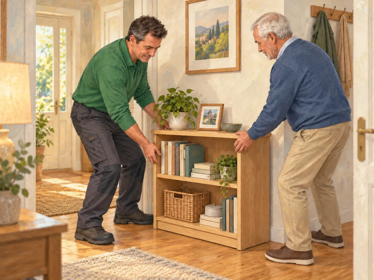 A small assembled piece of furniture being positioned in a room.
