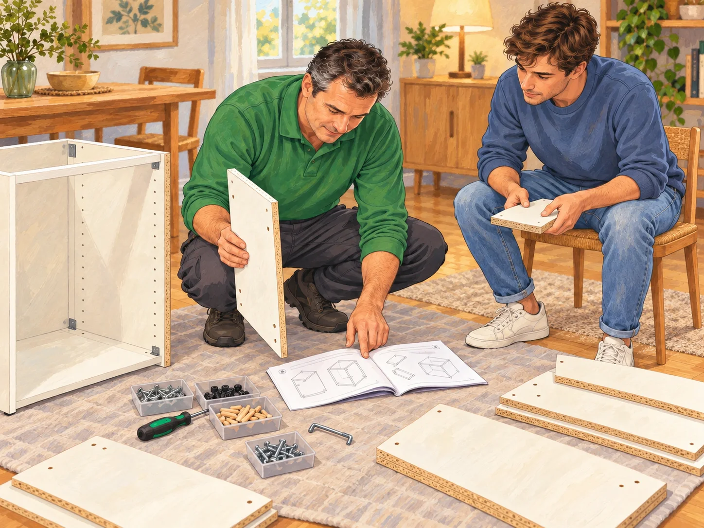 A partly assembled item being reviewed with its assembly instructions.