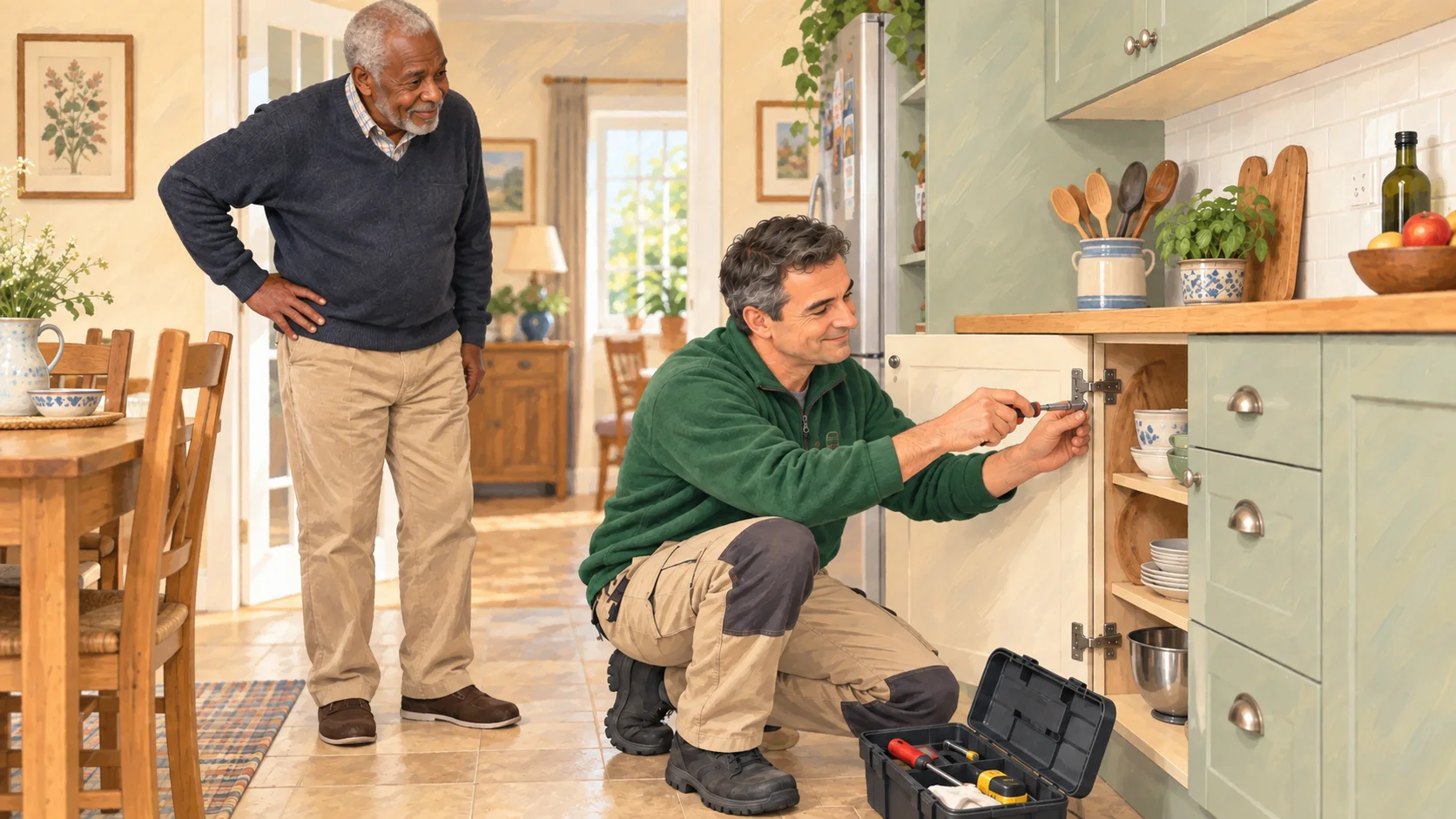 A worker adjusts a kitchen-cabinet hinge as part of a small repair at home.