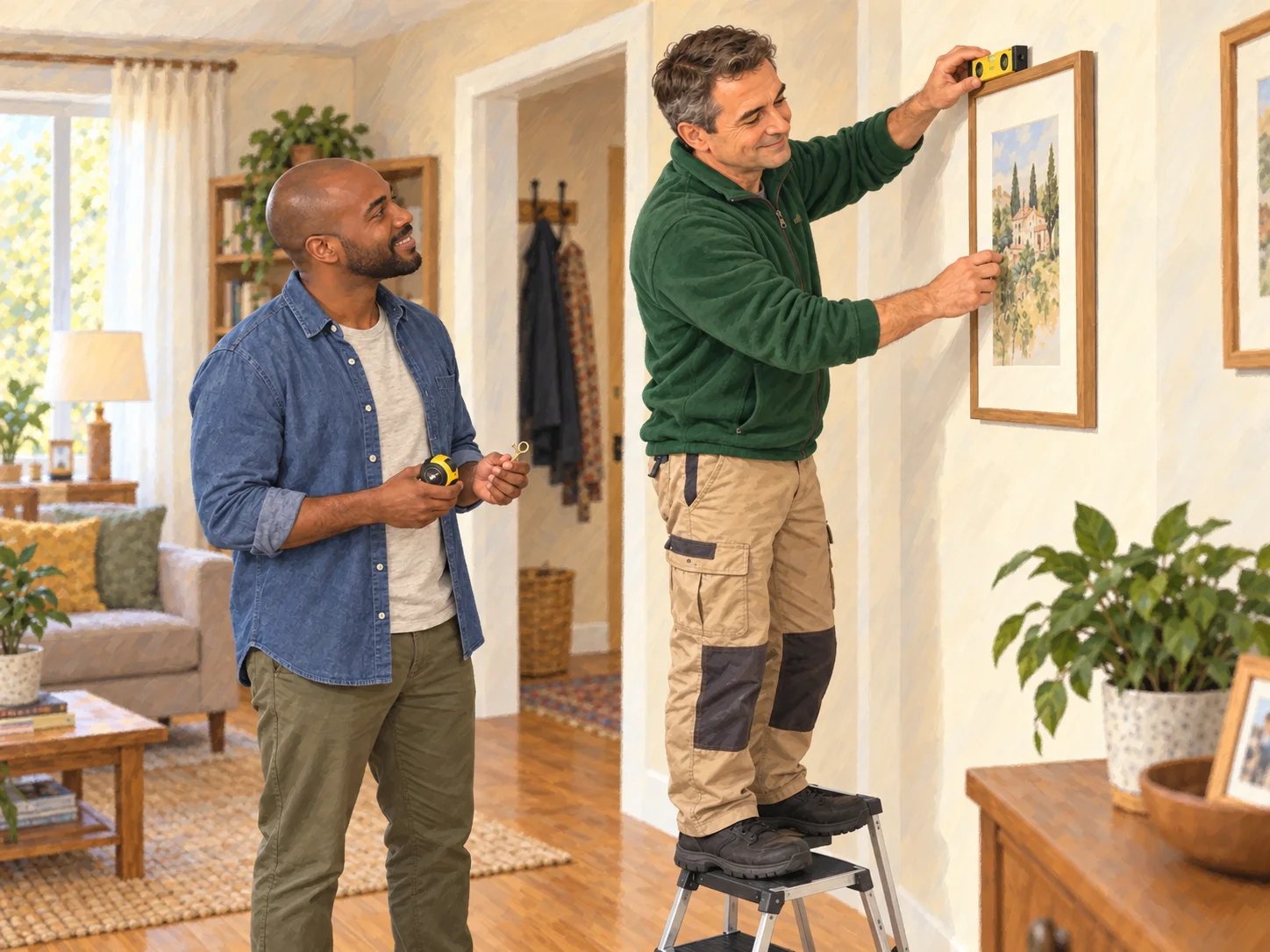 An in-home scene illustrating “Adjustments and alignment” as part of small repairs.
