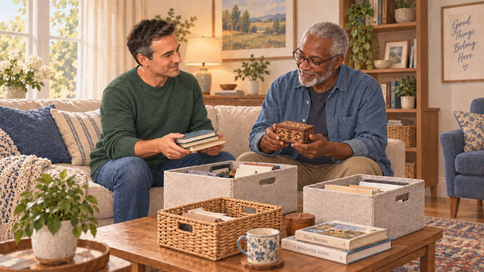A Quercy Assistance worker helps someone organise a room at home.