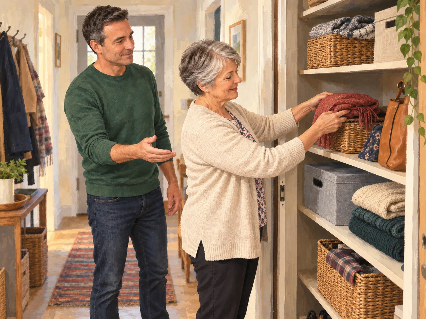 Someone reorganises a cupboard with help from a worker at home.