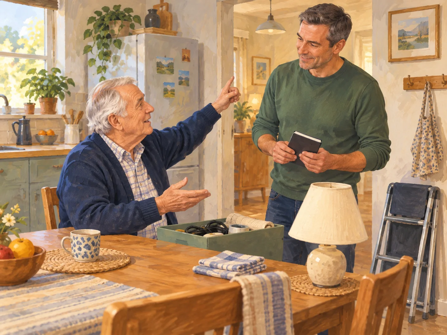 A client shows a worker several small practical tasks around the home.
