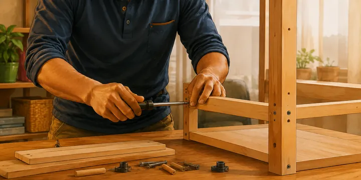 Montage soigneux d’un meuble en bois dans une maison.