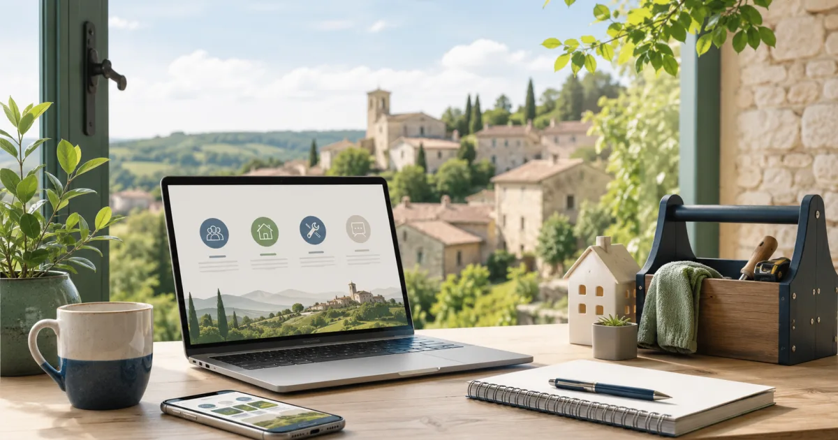 Bureau lumineux avec un ordinateur portable, un téléphone, un carnet et une boîte à outils devant un village en pierre du Quercy