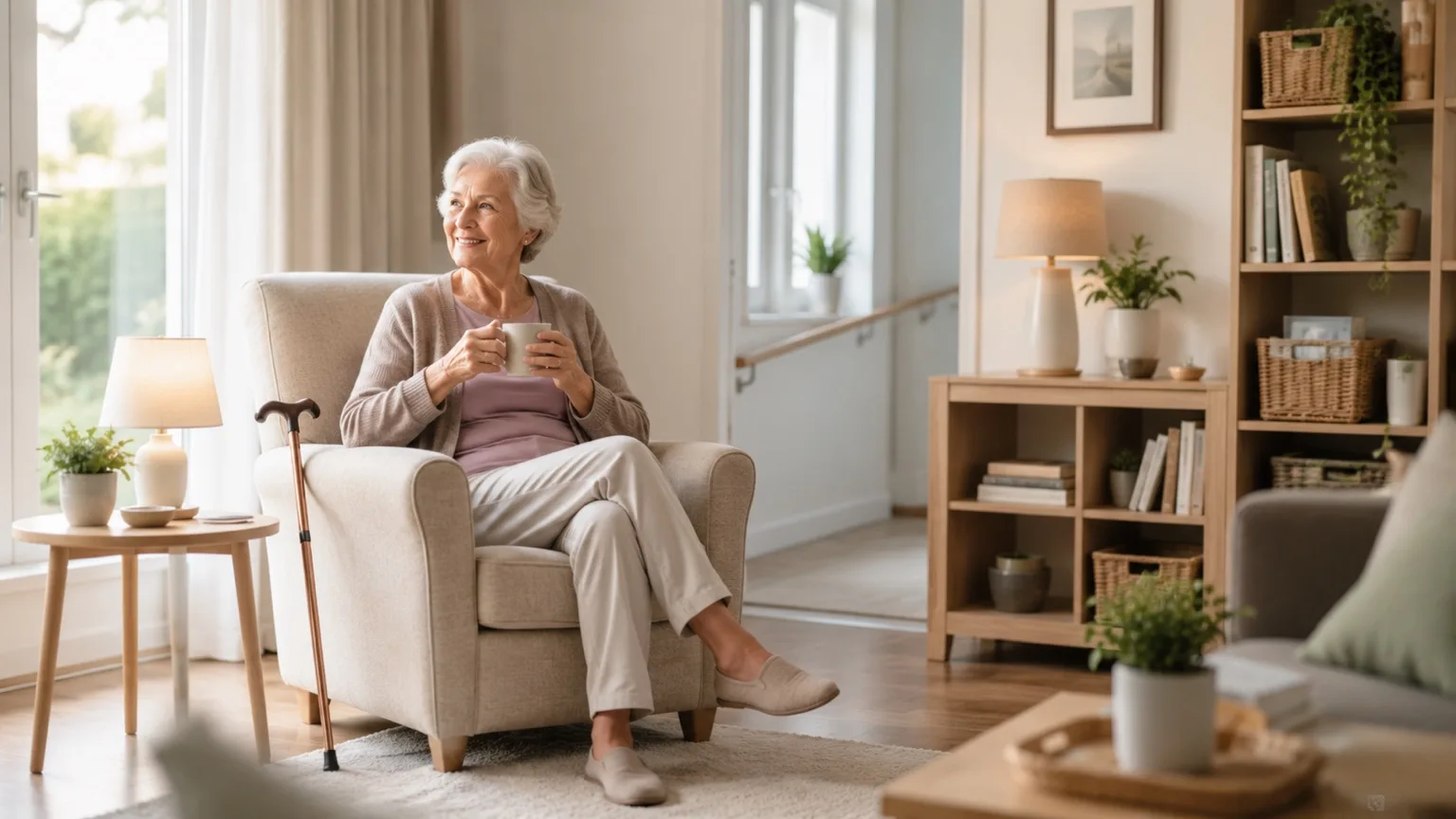 Une femme âgée assise dans un fauteuil avec une tasse, dans un salon lumineux et bien rangé