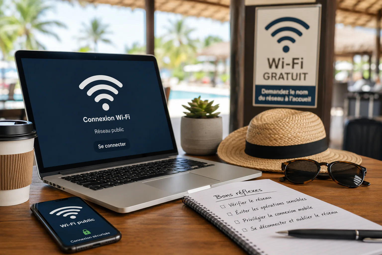 Ordinateur portable et smartphone posés sur une table dans un lieu de vacances équipé d’un accès Wi-Fi